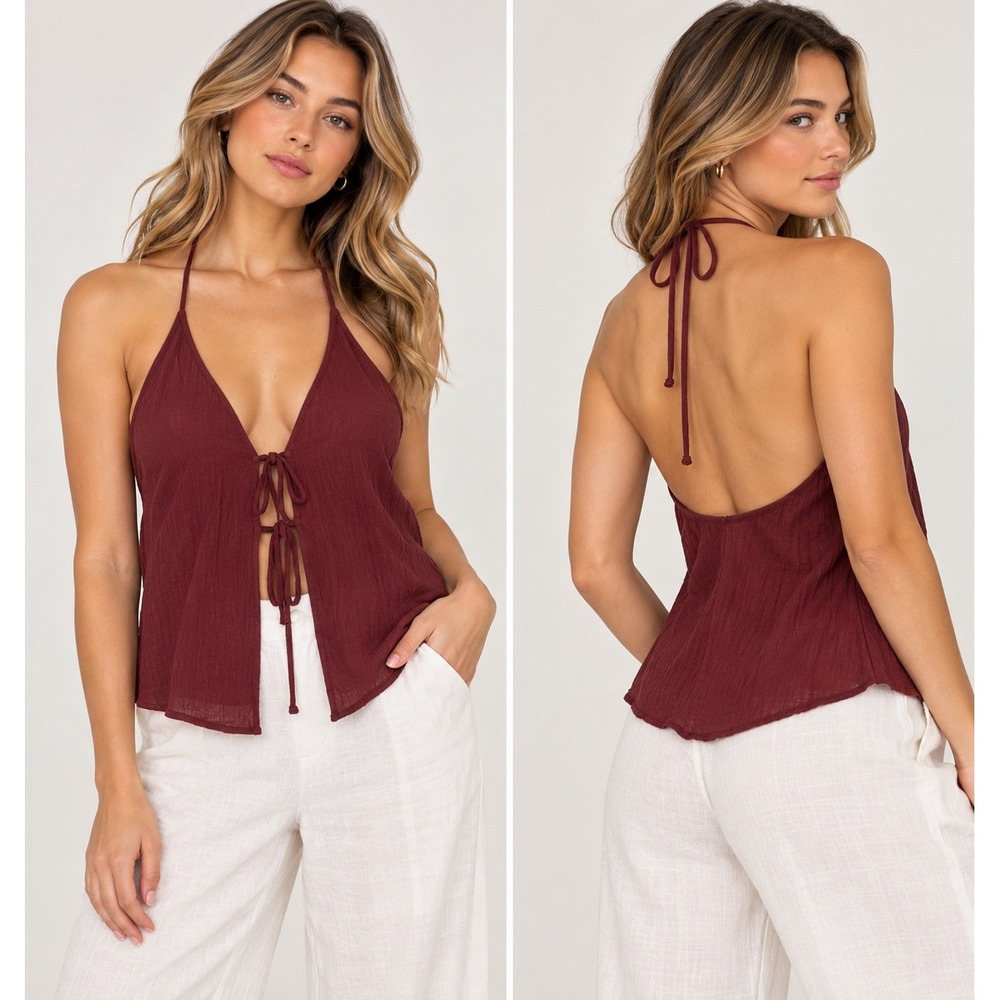 Seven Wonders Burgundy Cotton Halter Tie Front Open Back Crop Top Small